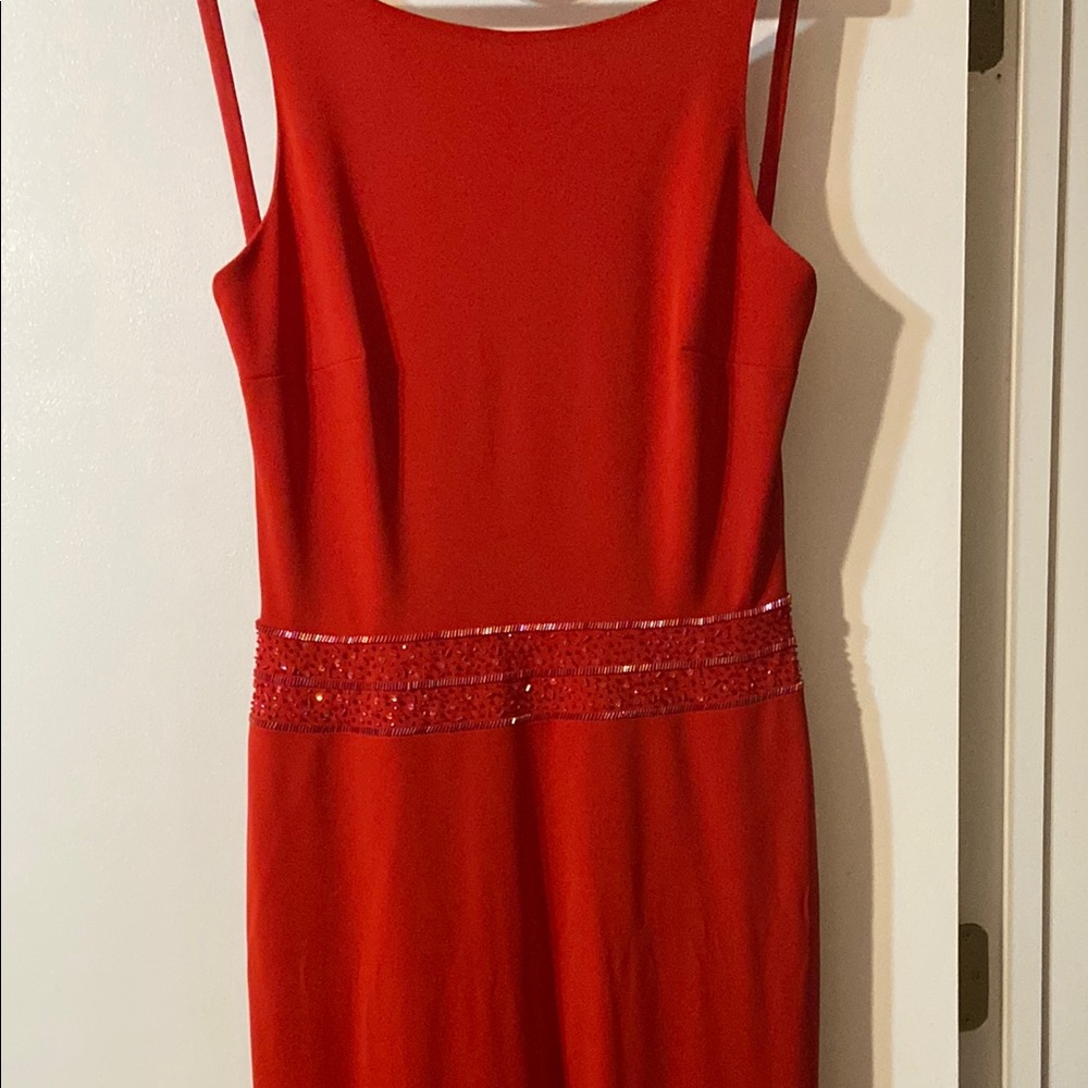 Red long beaded cocktail evening dress